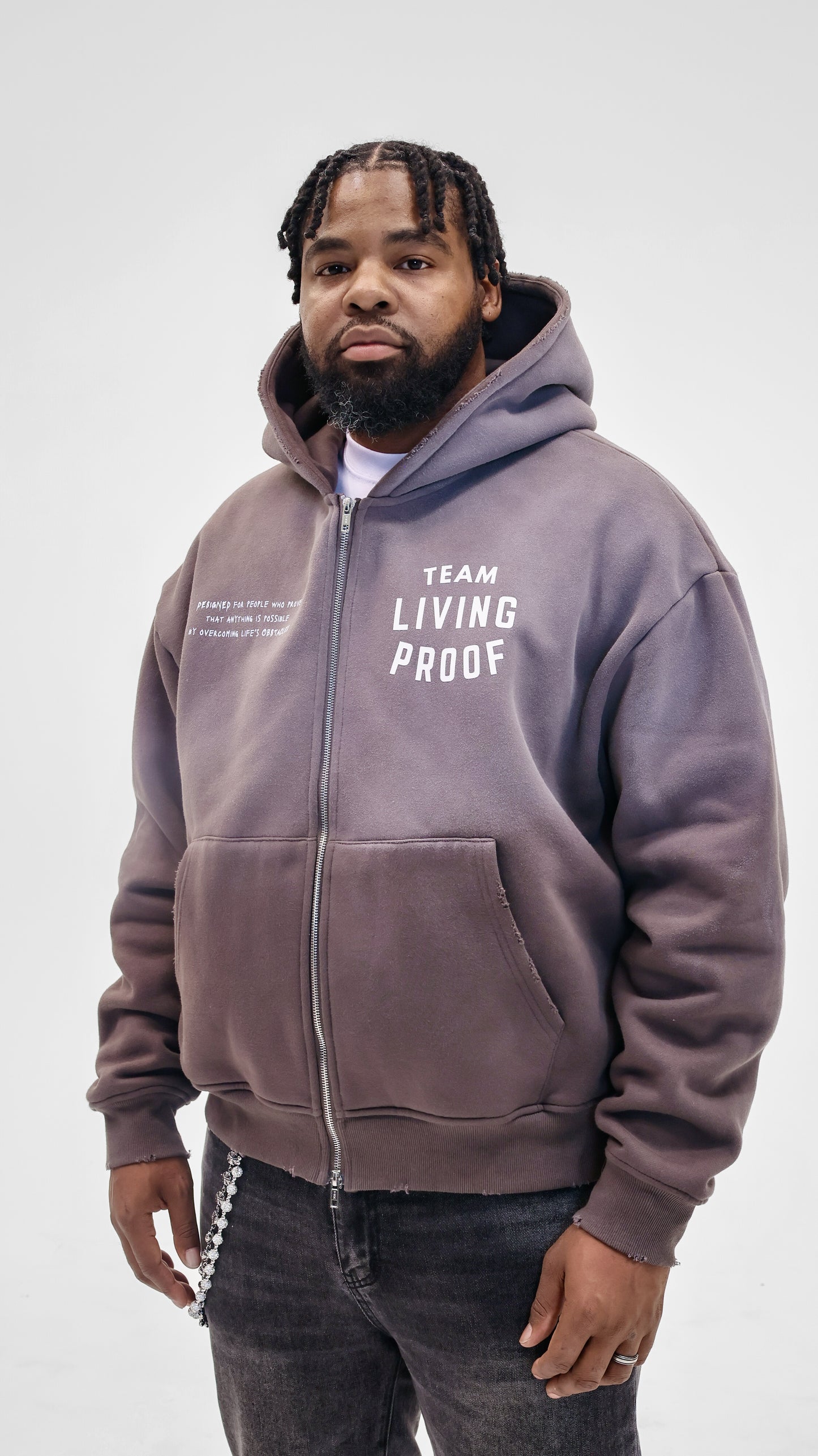 Team Living Proof "Living > Existing" Sun-Dried Wash Zip Hoodie (Shadow Grey)