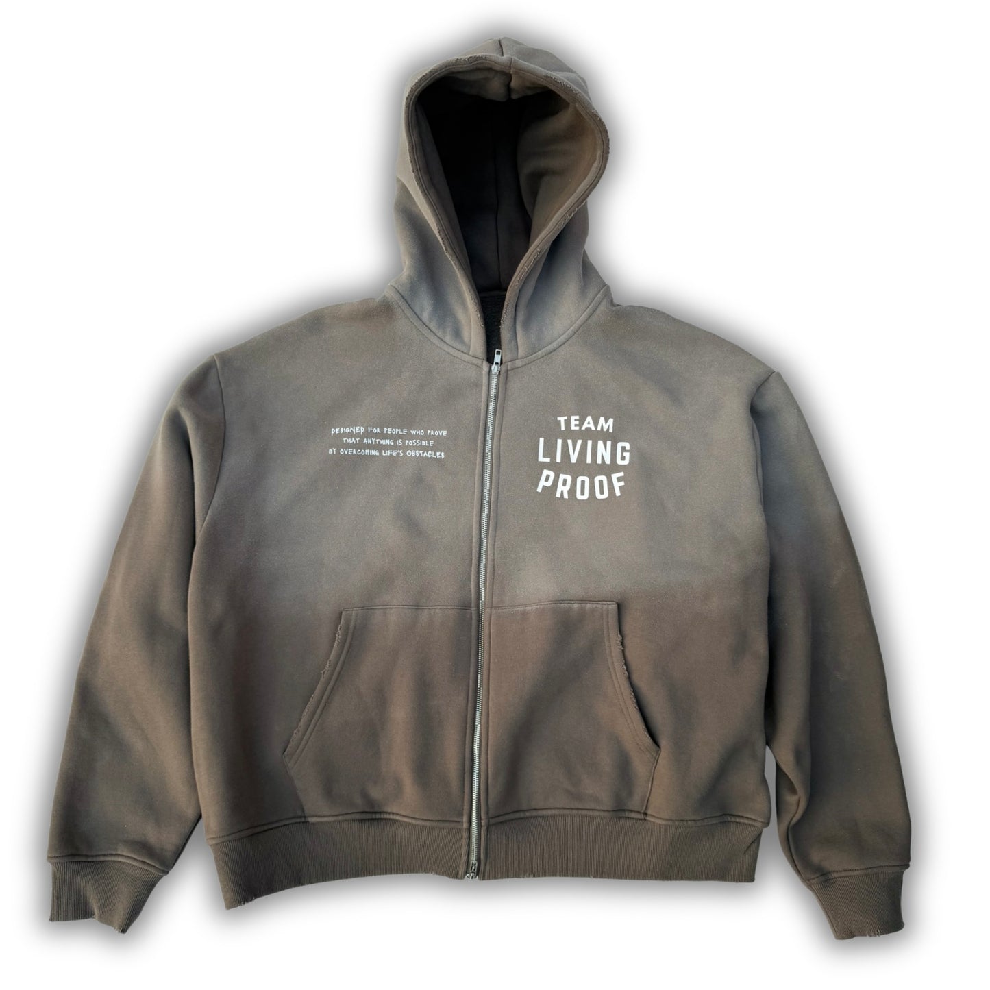 Team Living Proof "Living > Existing" Sun-Dried Wash Zip Hoodie (Shadow Grey)